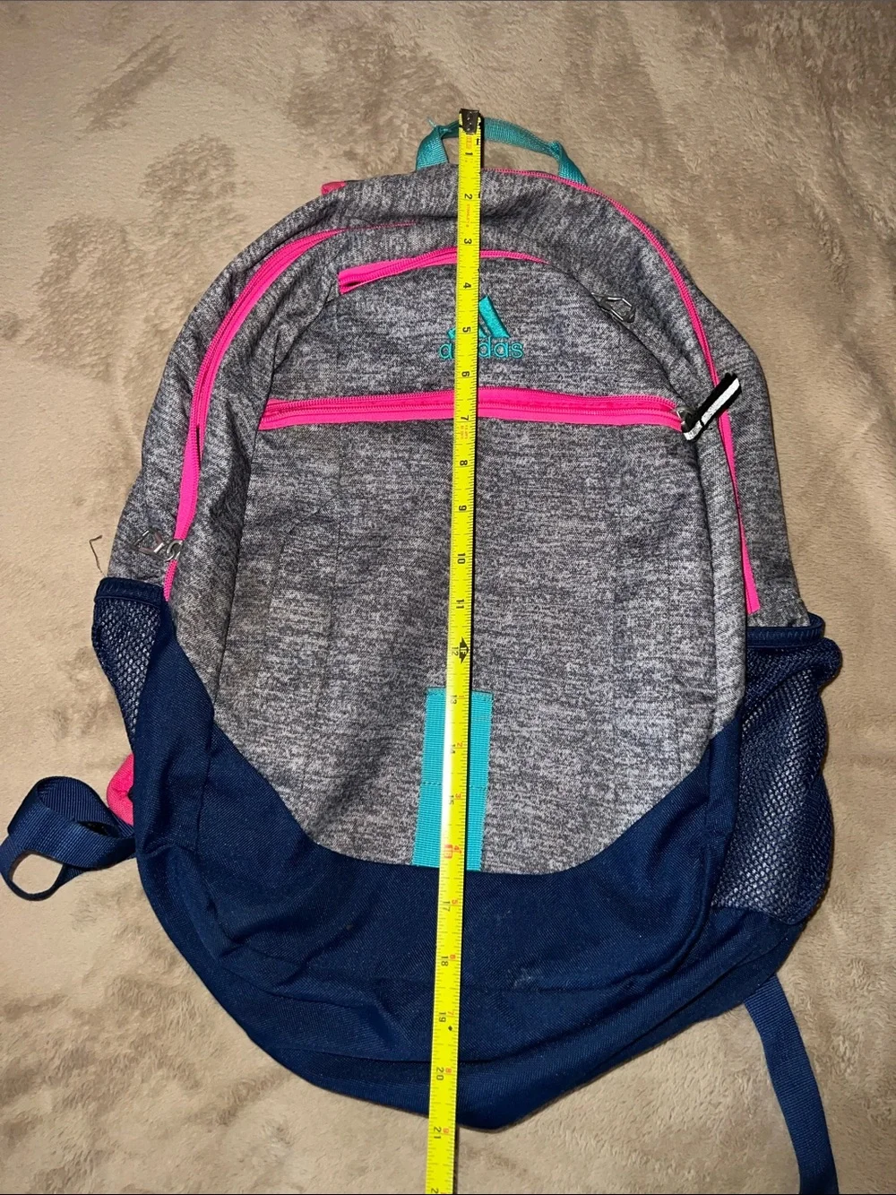Adidas Gray School Backpack with Pink Zippers & Teal & Blue Accents